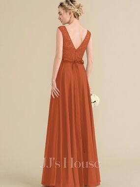 JJs House Burnt Orange Lace Bodice Chiffon V-Back Maxi Dress